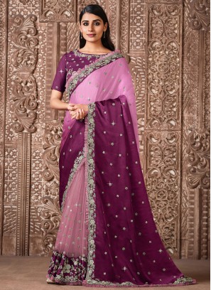 Purple Embroidered Festival Shaded Saree