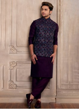 Purple Embroidered Nehru Jacket Set For Men