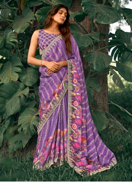 Purple Embroidered Wedding Wear Organza Saree