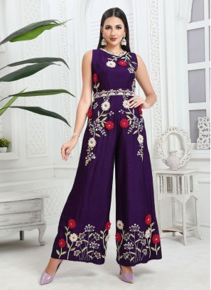 Purple Floral Hand Embroidered Jumpsuit