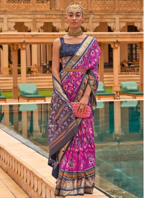 Purple Foil Print Contemporary Patola Silk Sari