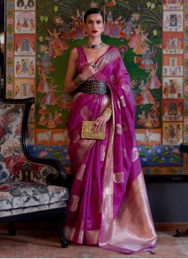 Purple Organza Saree With Handloom Weaving Work