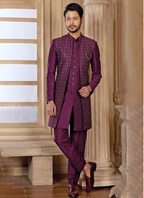 Purple Jacket Style Embroidered Indowestern Set