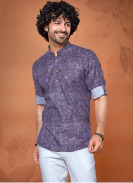 Purple Mens Printed Short Kurta