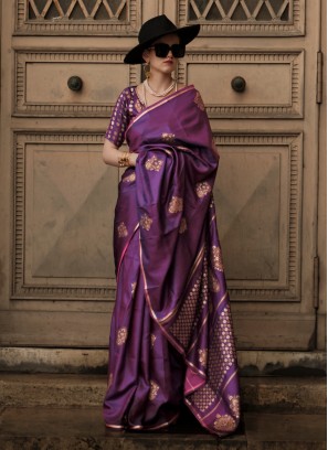 Violet Pure Satin Woven Party Wear Saree