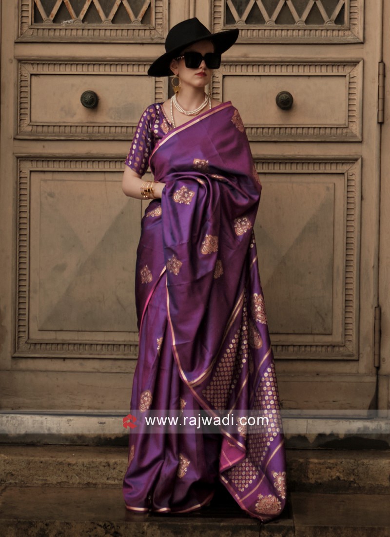 Violet Pure Satin Woven Party Wear Saree