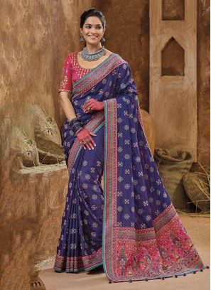 Exquisite Purple Kachhi Embroidered Banarasi Silk Saree