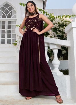 Purple Georgette Sequins Embellished Palazzo Suit