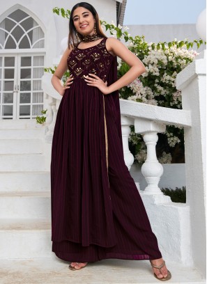 Purple Georgette Sequins Embellished Palazzo Suit