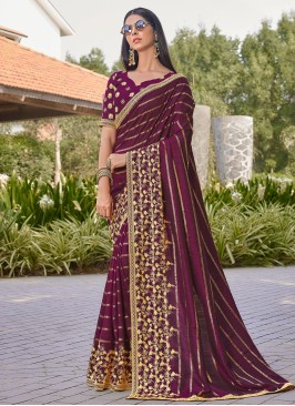 Wine Thread Embroidered Art Silk Saree