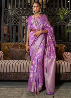 Gorgeous Purple Handloom Silk Designer Saree