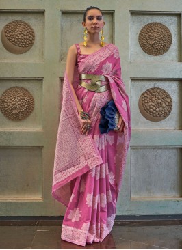 Purple Woven Lucknow Chikankari Cotton Silk Saree