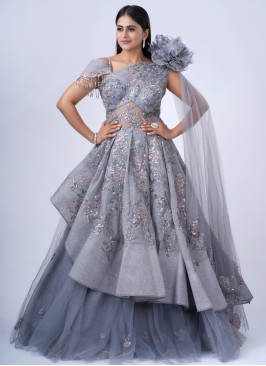 Beautiful Grey Layered Gown with Floral Sequins Embroidered Work