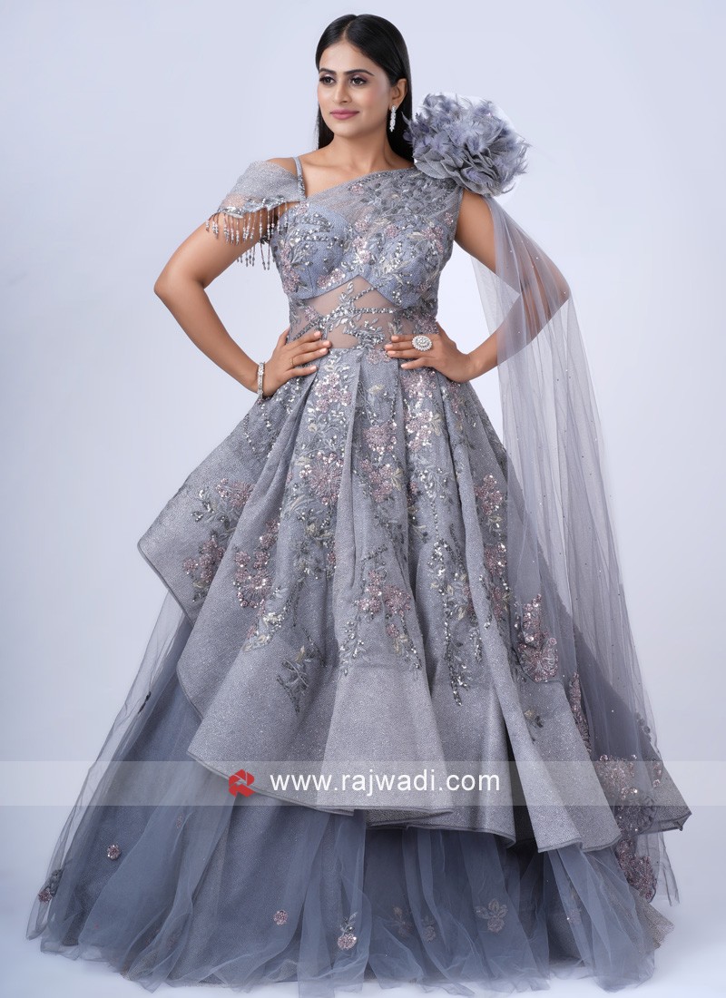 Beautiful Grey Layered Gown with Floral Sequins Embroidered Work