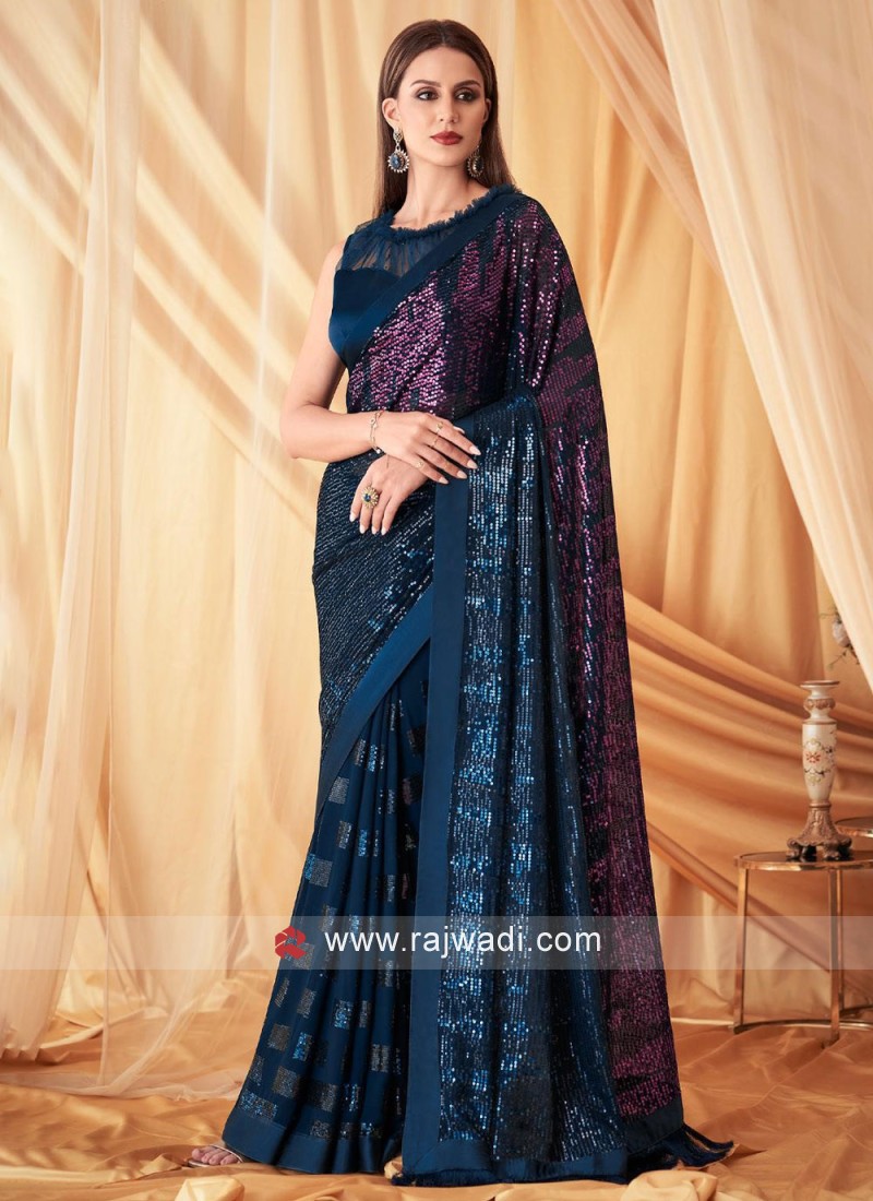 Rama Blue Festive Sequins Chiffon Silk Saree