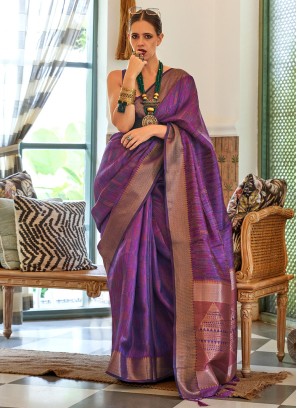 Radiant Purple Handloom Silk and Organza Designer Saree