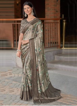 Grey Floral Printed Chiffon Silk Saree