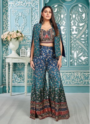 Rama Blue Brocade Silk Indowestern Palazzo Suit With Jacket