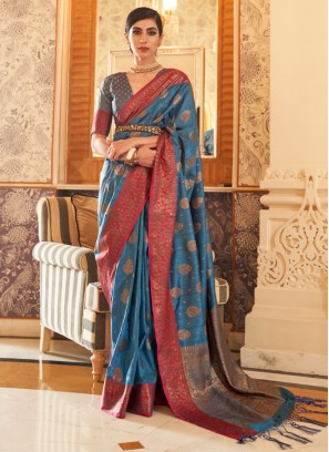 Rama Blue Designer Silk Saree