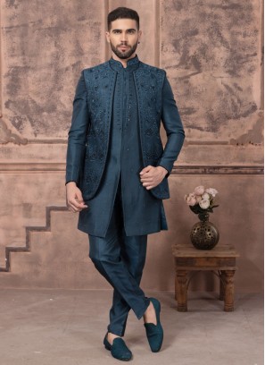 Rama Blue Embroidered Jacket Style Indowestern Set