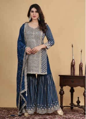 Rama Blue Gharara Suit In Crepe Silk With Embroidery