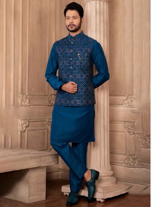 Rama Blue Nehru Jacket Set With Embroidery Work