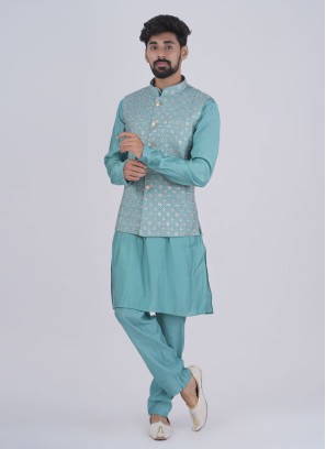 Rama Blue Readymade Silk Nehru Jacket Set