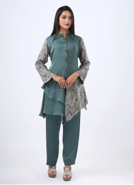 Rama Blue Satin Silk Pant Style Asymmetrical Kurti Set