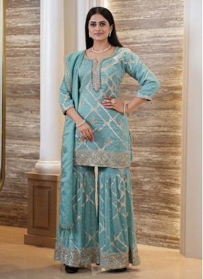 Rama Blue Sharara Top Set In Organza Fabric