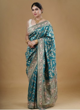 Rama Blue Traditional Banarasi Silk Saree For Wedding