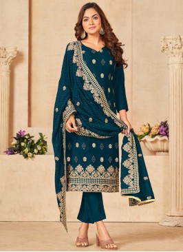Rama Blue Vichitra Silk Thread Embroidered Dress Material