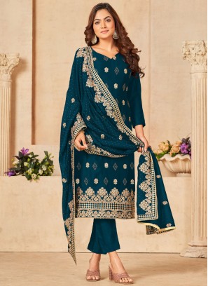 Rama Blue Vichitra Silk Thread Embroidered Dress Material