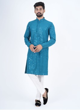 Rama Green And Off White Cotton Kurta Set