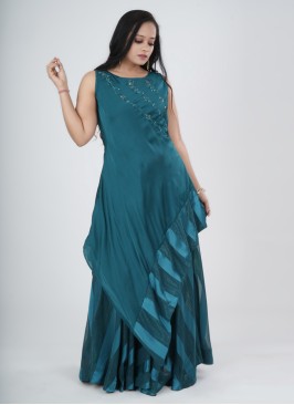 Rama Green Festive A-Line Kurti In Satin Silk