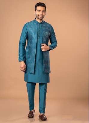 Rama Green Readymade Art Silk Nehru Jacket