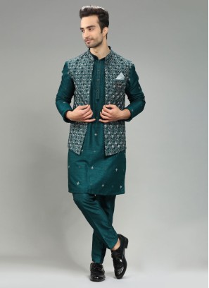 Rama Green Readymade Nehru Jacket Set In Art Silk