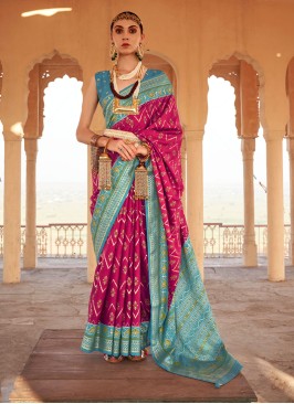 Rani & Sky Blue Festive Patola Silk Saree