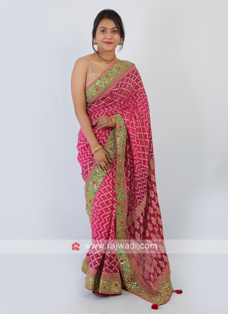 Bandhej & Floral Printed Magenta & Orange Pure Chiffon Saree