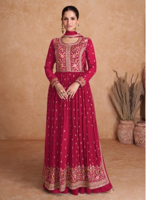 Deep Pink Georgette Embroidered Palazzo Suit