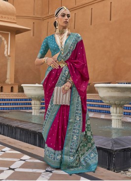Rani and Blue Woven Patola Silk Classic Saree