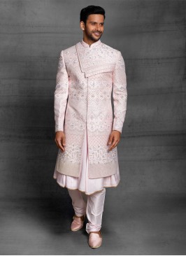 Raw Silk Anarkali Style Sherwani In Wedding Wear