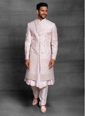 Raw Silk Anarkali Style Sherwani In Wedding Wear