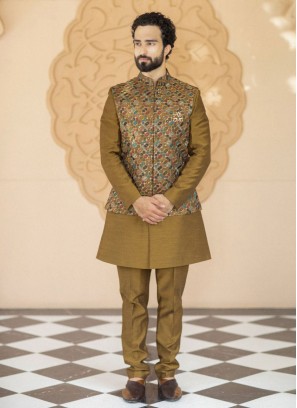 Raw Silk Embroidered Rwa Silk Nehru Jacket Set