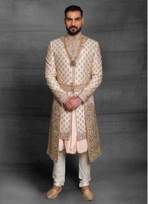 Raw Silk Golden Cream Designer Sherwani