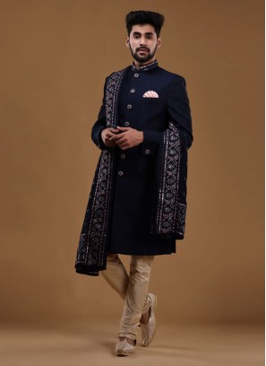 Raw Silk Indowestern In Navy Blue