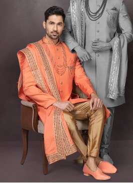 Raw Silk Indowestern In Orange Color