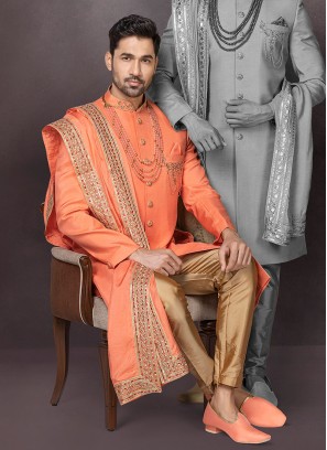 Raw Silk Indowestern In Orange Color