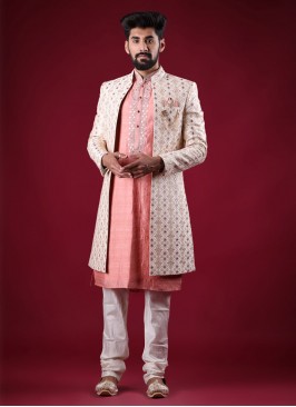 Raw Silk Jacket Style Indowestern In Cream Color