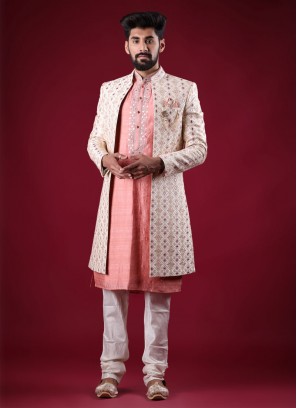 Raw Silk Jacket Style Indowestern In Cream Color