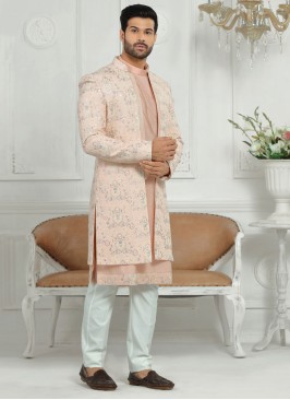 Raw Silk Jacket Style Indowestern In Peach Color